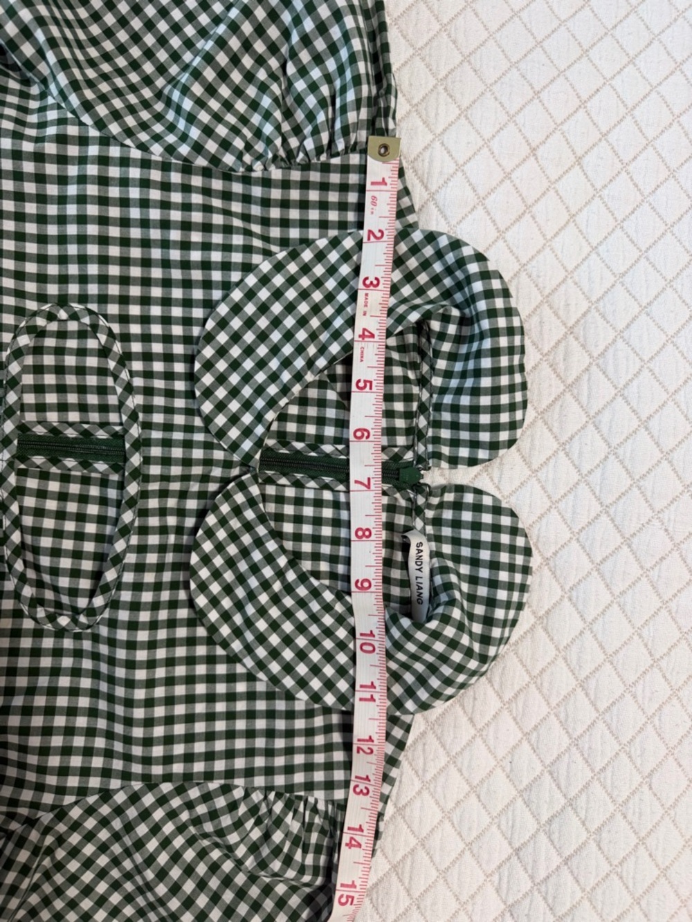 Sandy Liang Gingham Peter Pan Collar Dress with Cut-Out Green White Size 4 - Picture 14 of 16